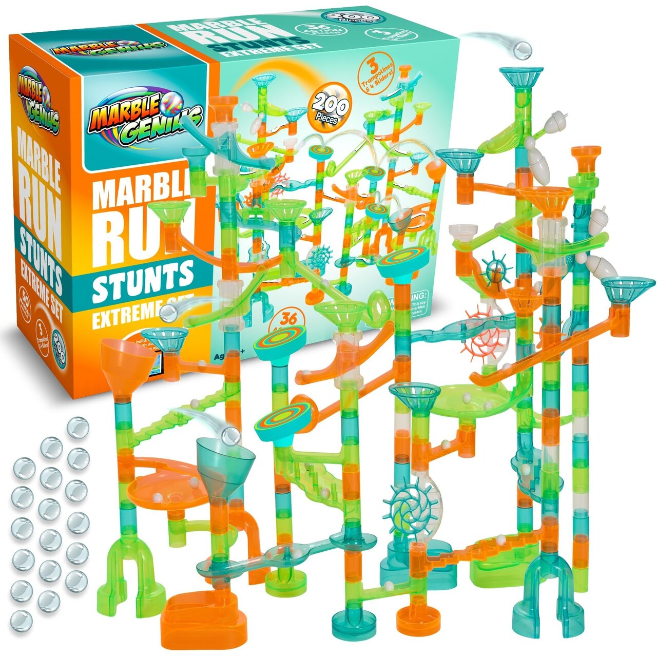 Marble Genius Marble Run Stunts Extreme Set: 200 Pieces Total, 36 Action Pieces Including 3 of Our New Patented Trampolines, Includes an Online App and Full-Color Instruction Booklet, Ages 5 and Up